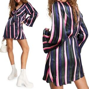 NEW‎ Topshop Striped Print Mini Dress Tie Front Multicolour Size 4 Bell Sleeve